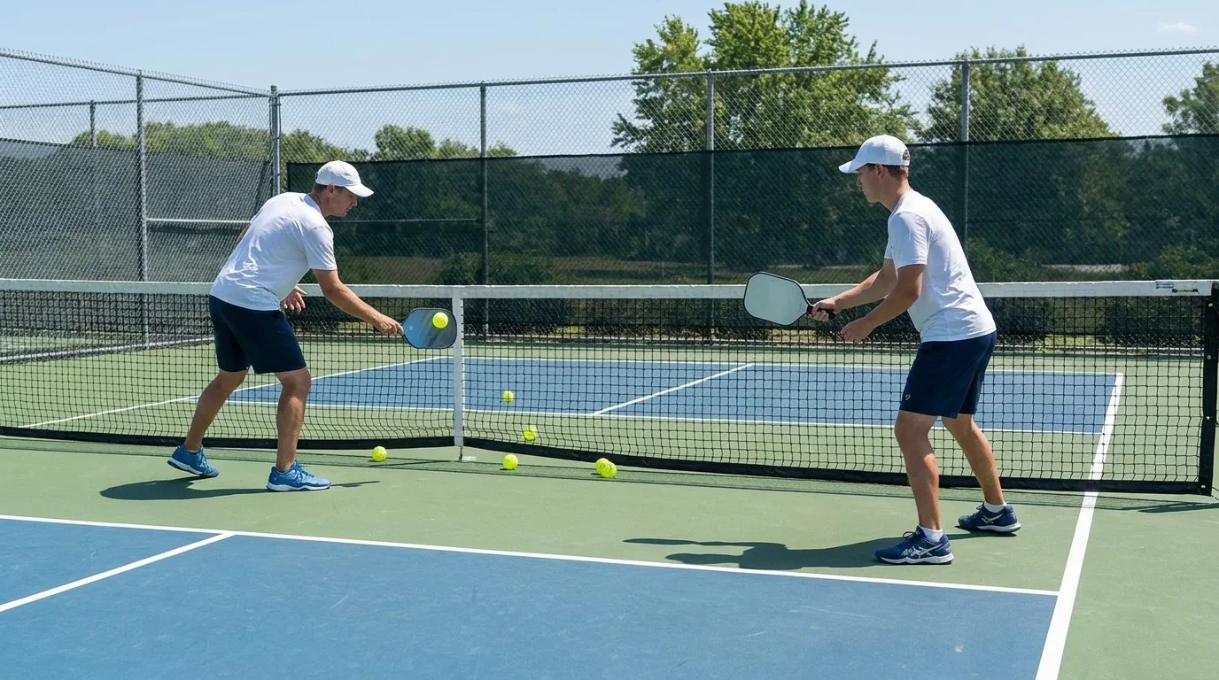 Pickleball partners practising compact block volleys at the kitchen line