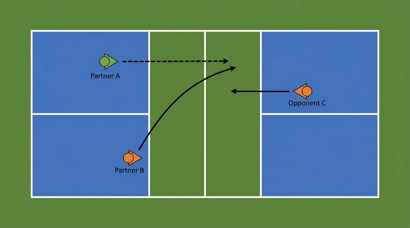 Overhead pickleball court diagram showing a planned poach and open-lane coverage