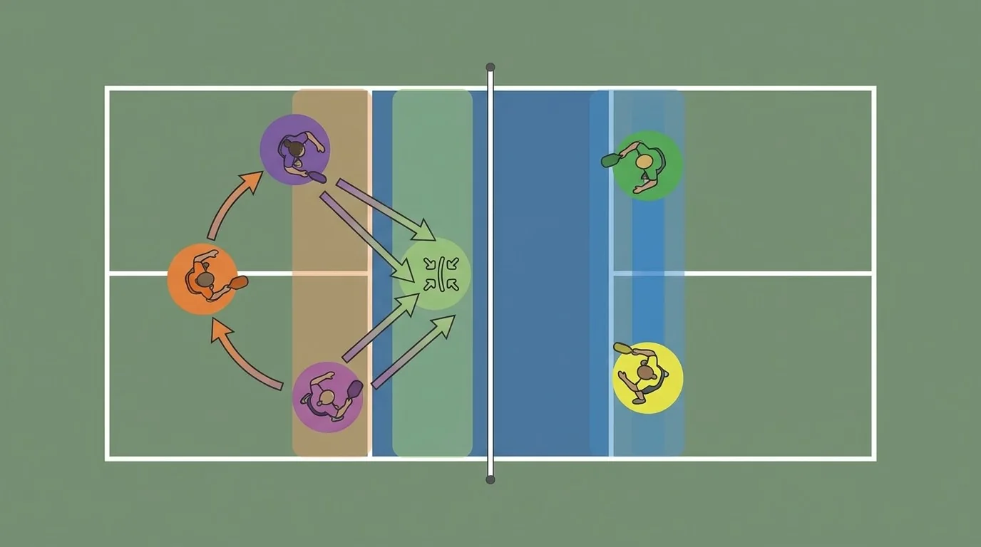 Pickleball doubles practice diagram showing recovery after a poach and restored kitchen spacing