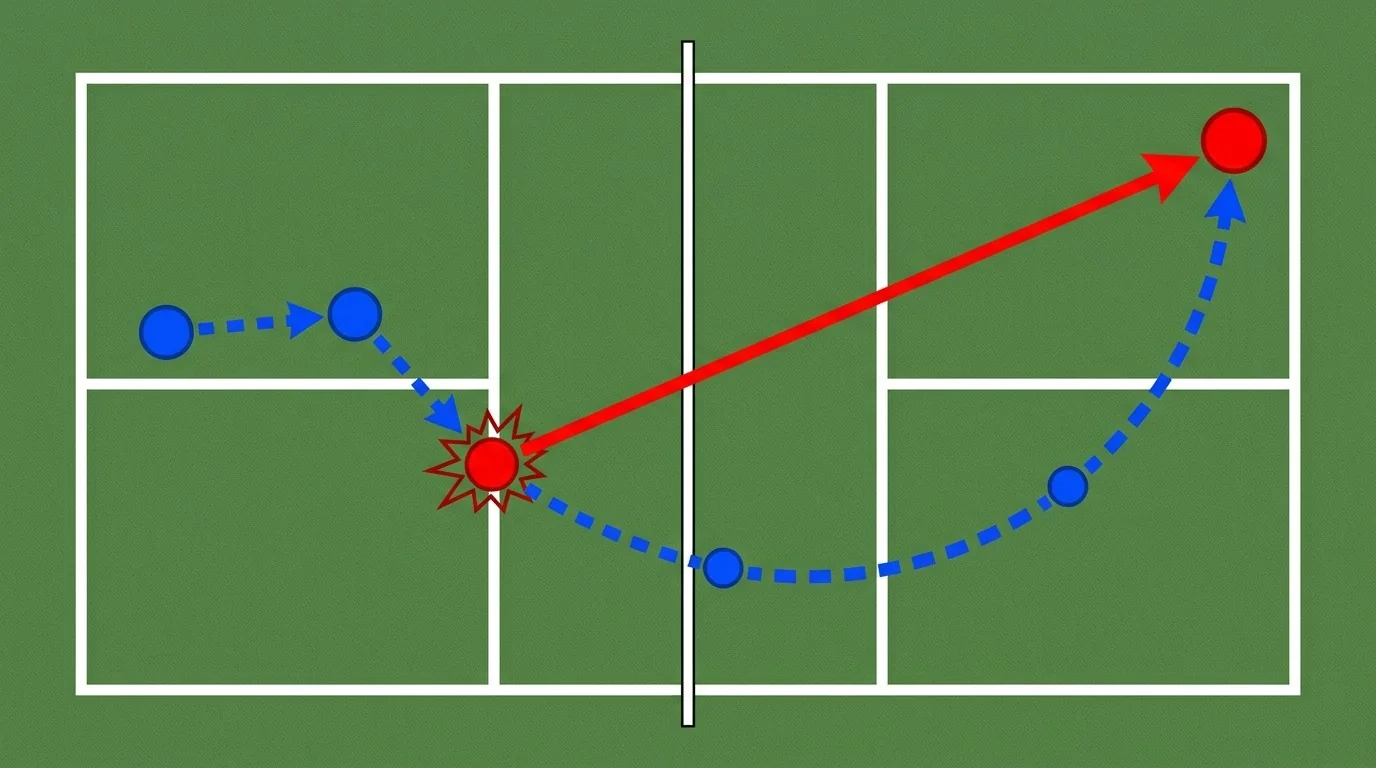 Pickleball forehand technique diagram showing contact, follow-through direction, and deep target