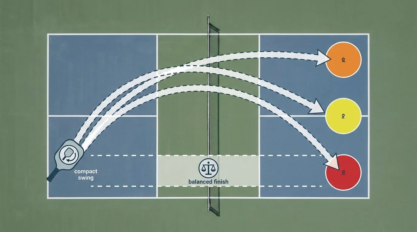 Pickleball forehand practice diagram with target lanes and balanced recovery steps