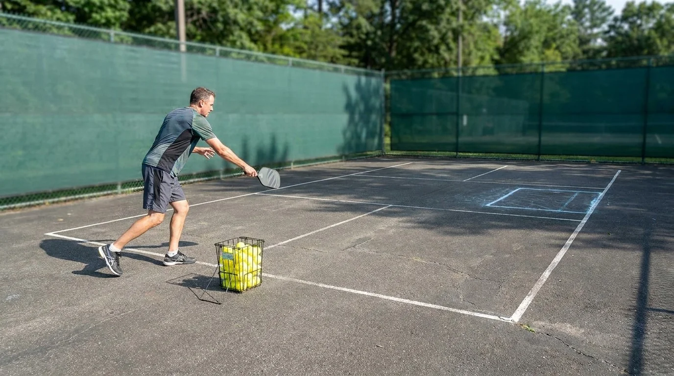 Pickleball player practising a deep serve and recovering ready