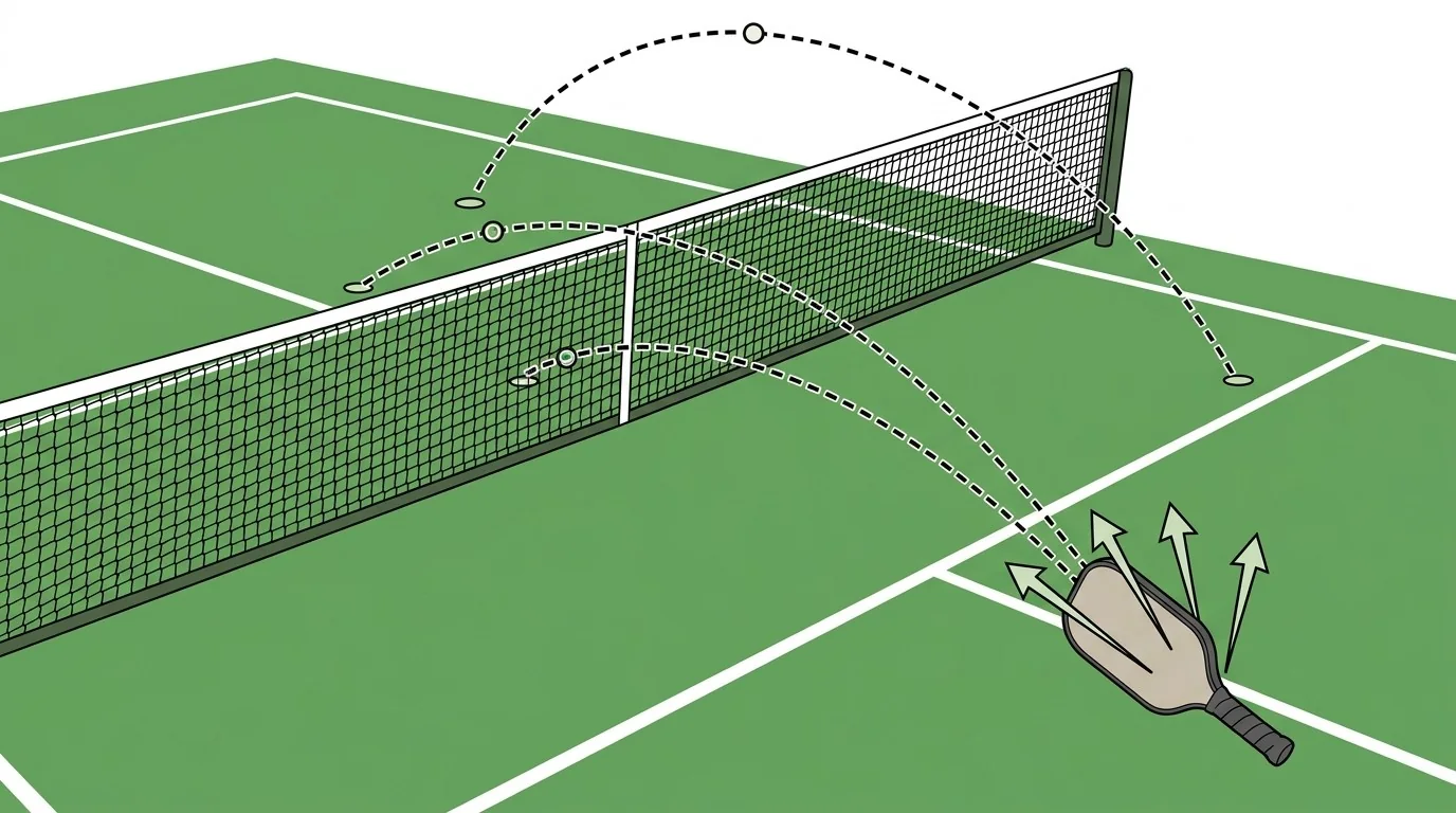 Pickleball diagram comparing dink arcs, net clearance, and landing depth