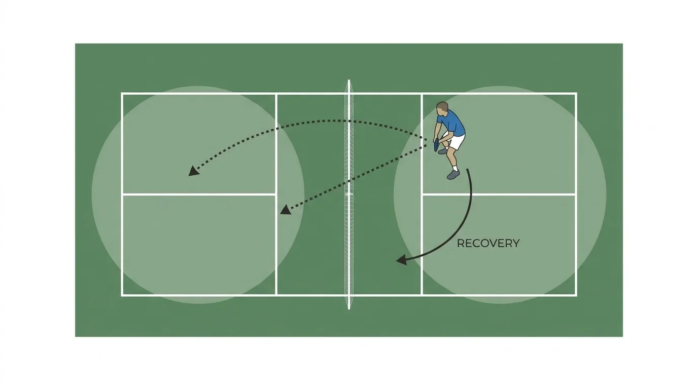 Pickleball dink practice diagram with low arcs, target zones, and recovery position