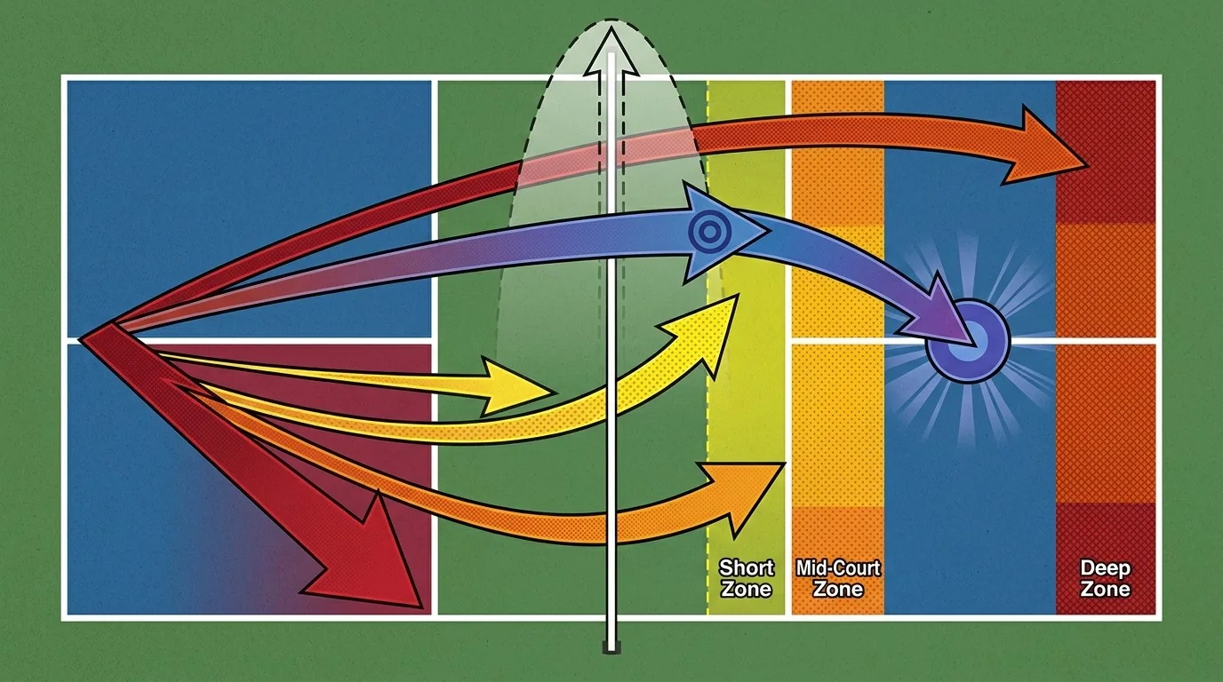 Overhead pickleball diagram showing deep return zones and a safe middle target