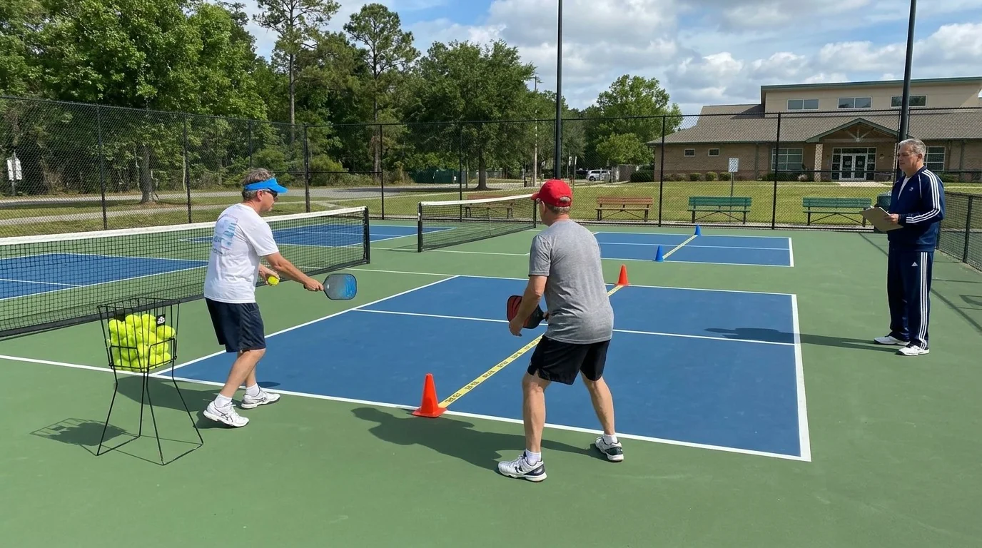 Pickleball return practice showing a deep target lane and recovery movement