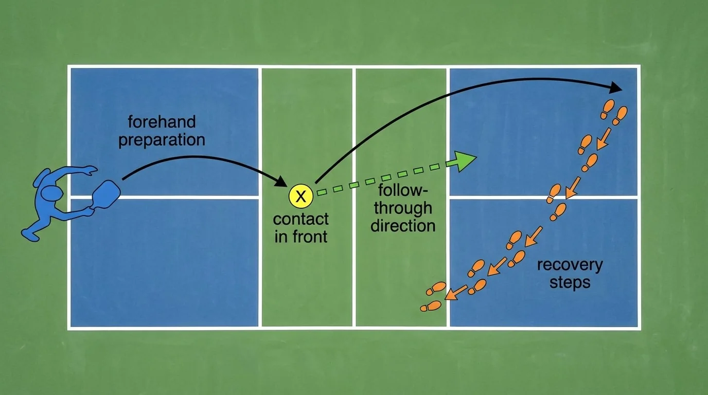 Pickleball forehand technique diagram showing contact, follow-through direction, and deep target