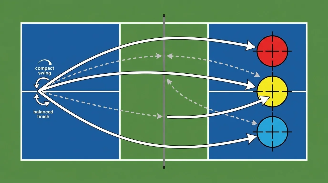 Pickleball forehand practice diagram with target lanes and balanced recovery steps
