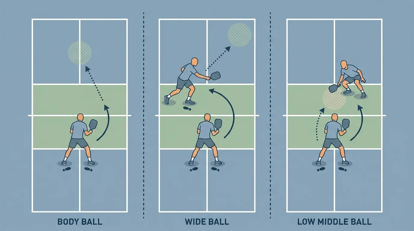 Pickleball block-volley targets for body, wide, and middle balls