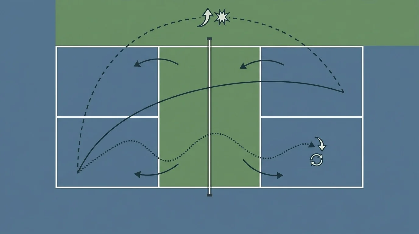 Overhead pickleball court showing ball height as the first shot-selection cue