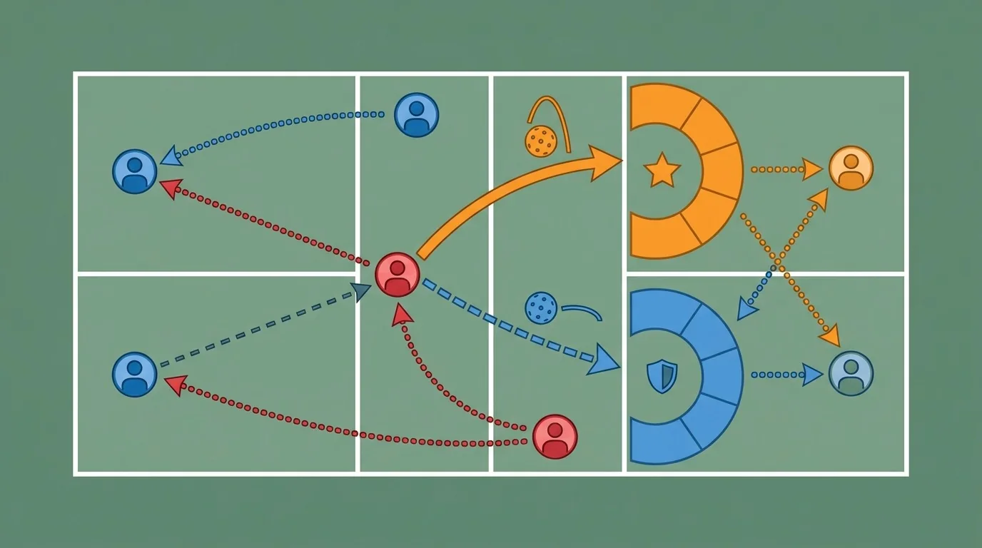 Pickleball practice drill showing attack-or-reset choices and recovery movement
