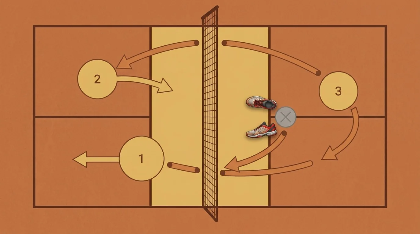 Overhead pickleball diagram showing the catch-and-move progression to both sides of the kitchen line