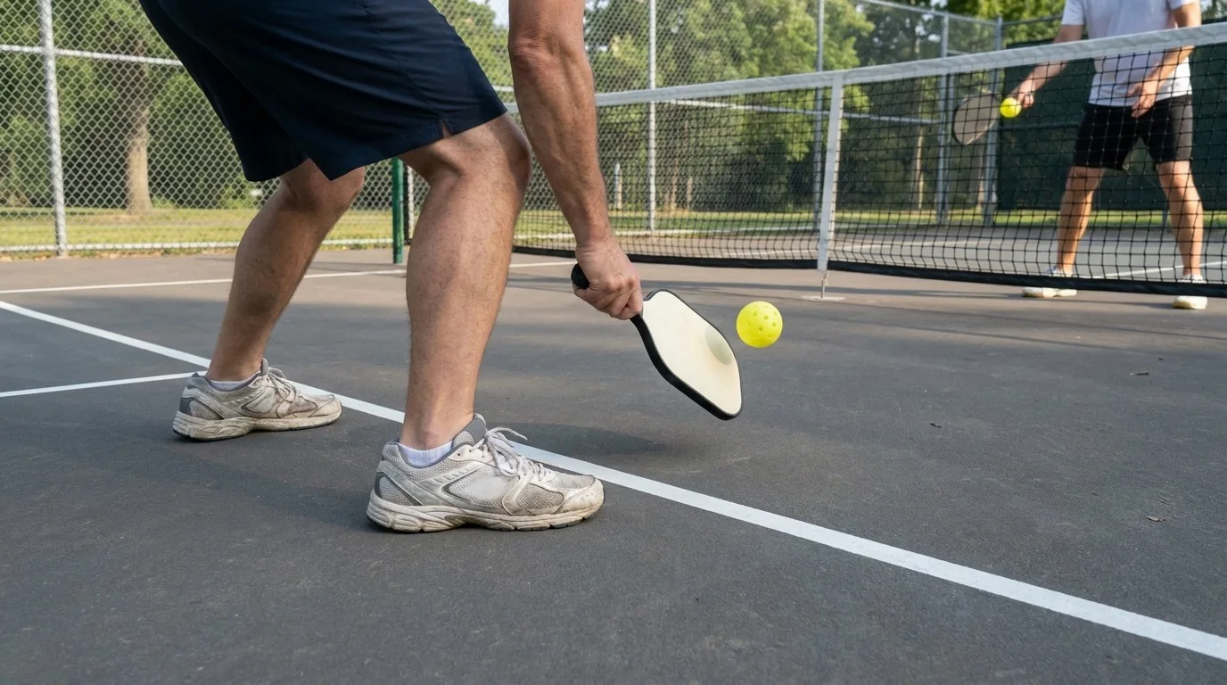 Pickleball kitchen-line practice scene emphasizing balanced footwork before a dink