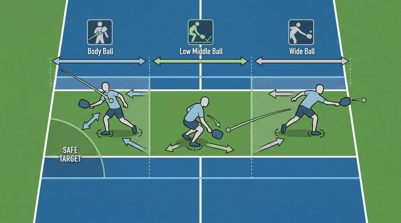 Pickleball block-volley targets for body, wide, and middle balls