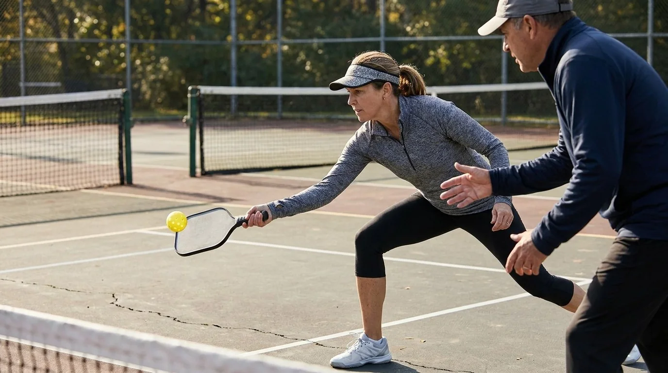 Pickleball player meeting a waist-height ball in front with a stable paddle face