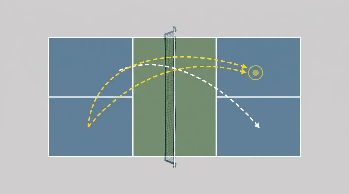 Overhead diagram showing a low-contact ball clearing the net toward a safe target