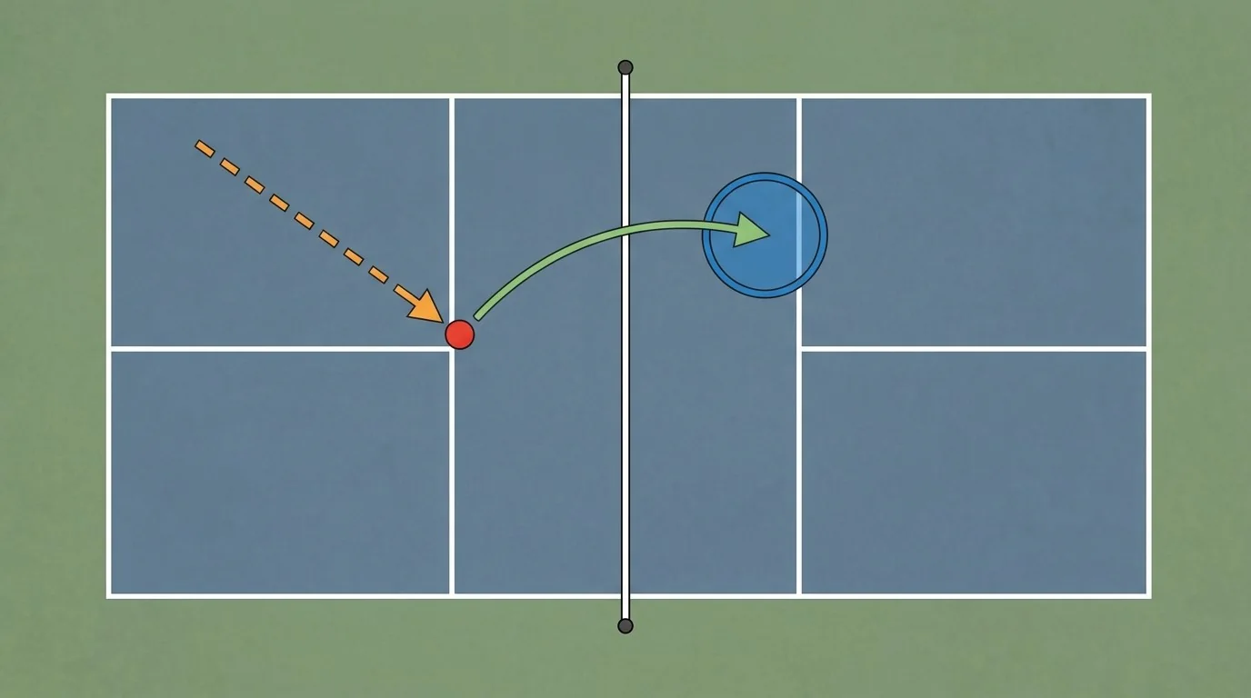 Overhead diagram of a low pickleball reset arc and landing zone