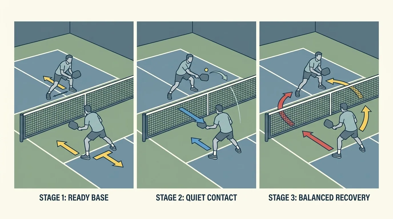 Three-stage kitchen reset: ready base, compact contact, balanced recovery