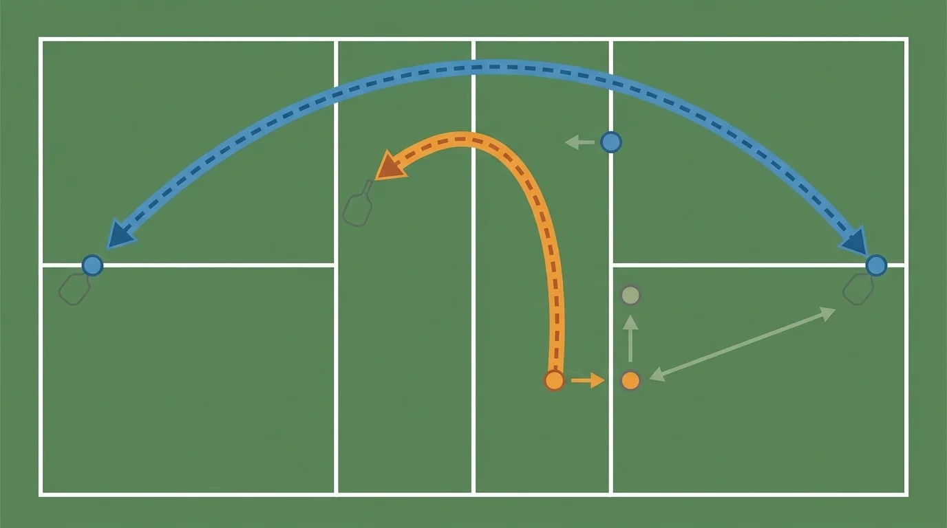 Overhead diagram comparing offensive and defensive pickleball lob trajectories