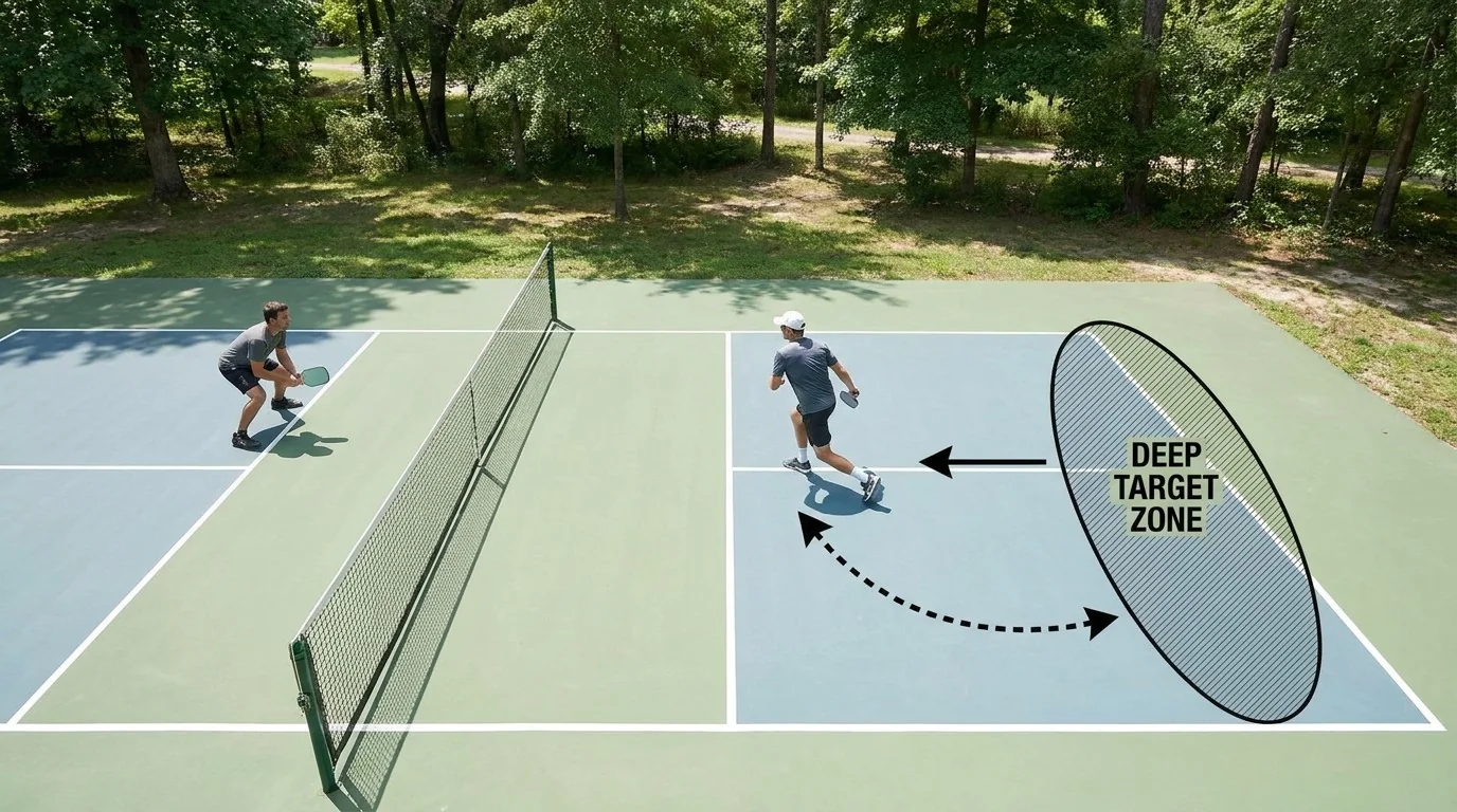 Doubles partners coordinating diagonal lob retrieval and net coverage