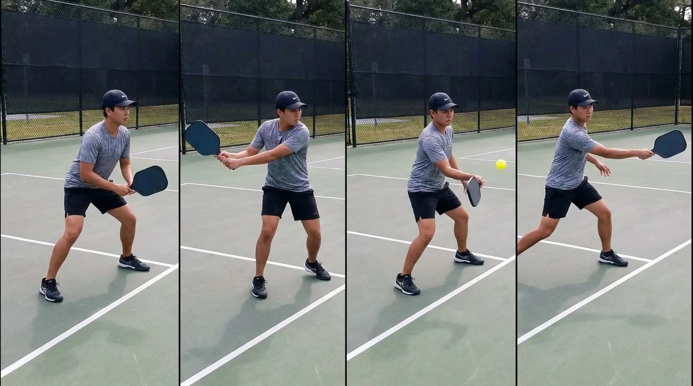 Three-stage pickleball preparation sequence from ready position to balanced recovery