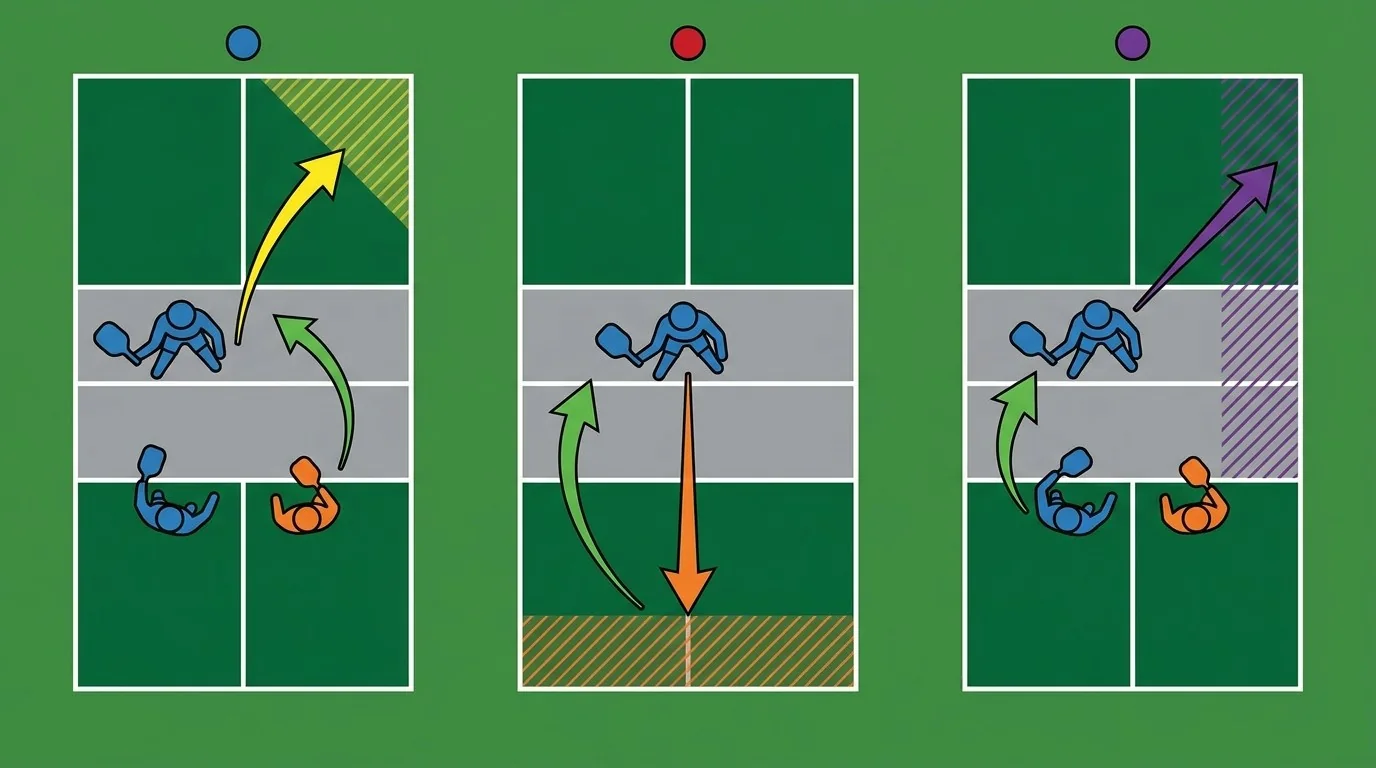 Pickleball block-volley targets for body, wide, and middle balls