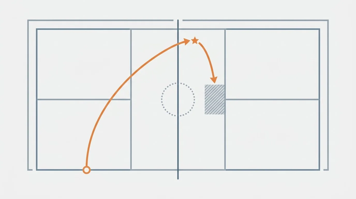 Overhead diagram of pickleball drop contact, net clearance, apex, and kitchen landing window