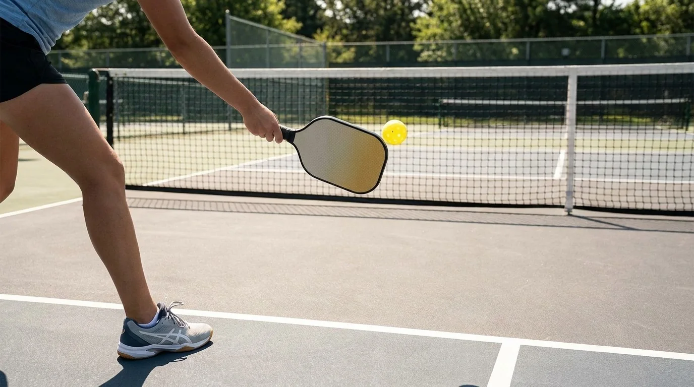 Compact pickleball drop contact followed by balanced recovery steps toward the kitchen