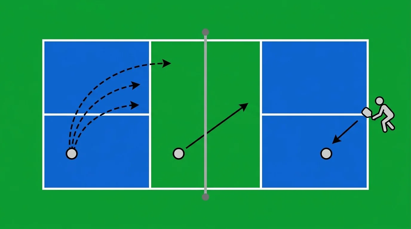 Overhead diagram of pickleball bounce height, direction, and ready position