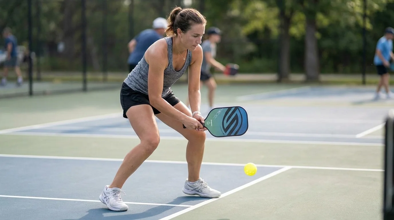 Pickleball footwork adjustment to meet a bouncing ball in front