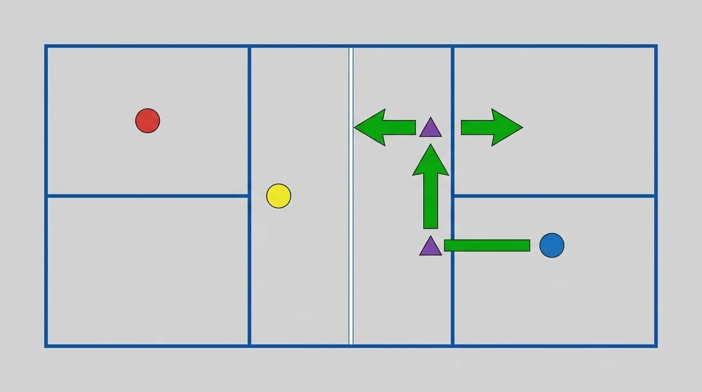 Overhead diagram of split-step landing timing and directional push-off