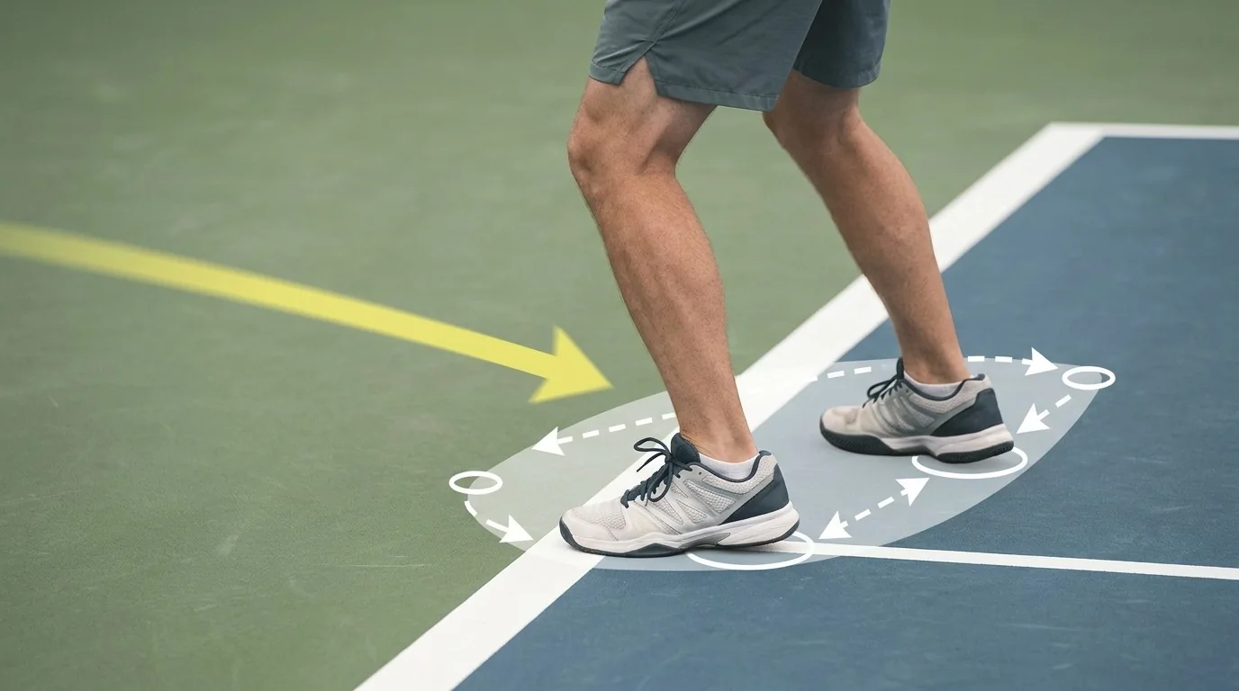 Close-up of balanced lower-body split-step footwork in the transition zone