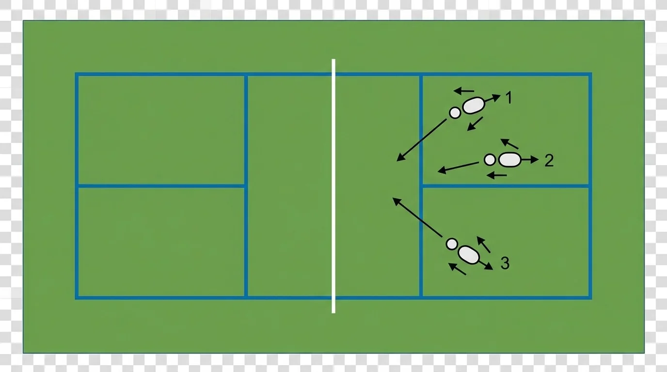 Overhead pickleball diagram showing contact in front, baseline position, and diagonal target