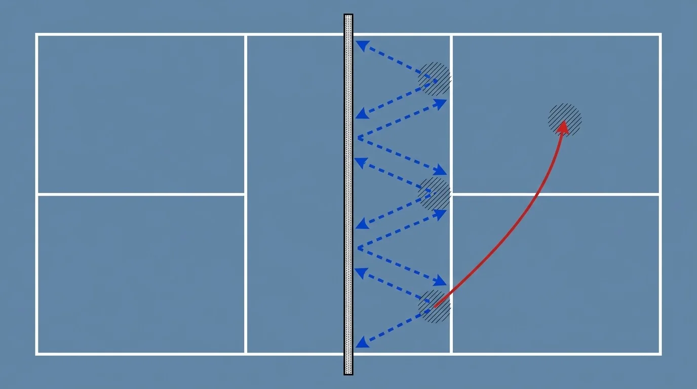 Overhead diagram showing repeated crosscourt dinks followed by a middle change