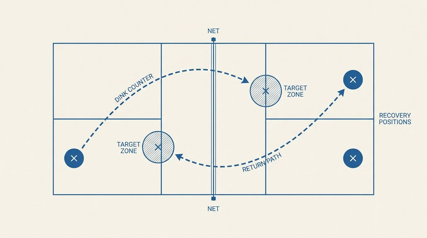 Overhead diagram showing a low pickleball dink counter path