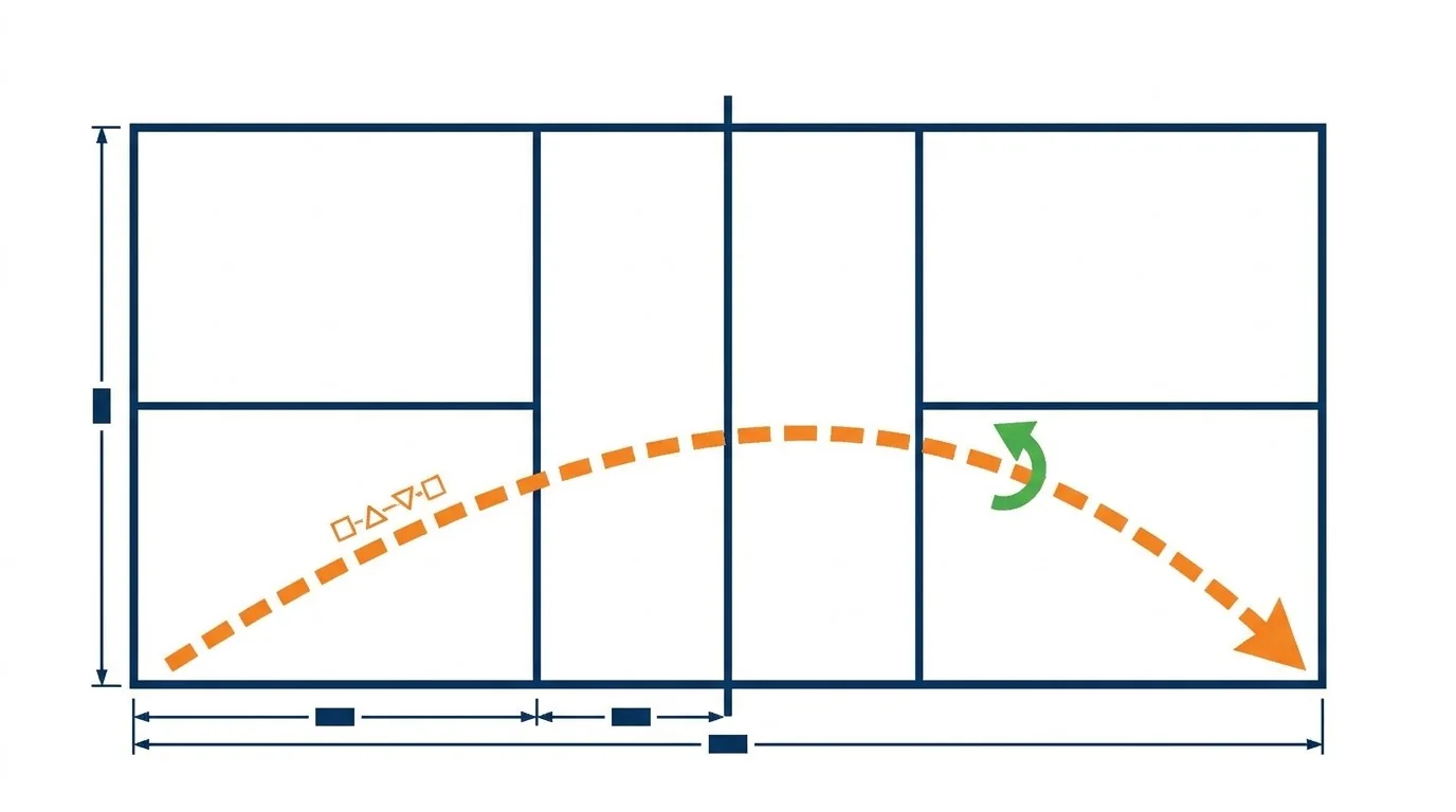 Overhead diagram showing a deep, low pickleball slice return path