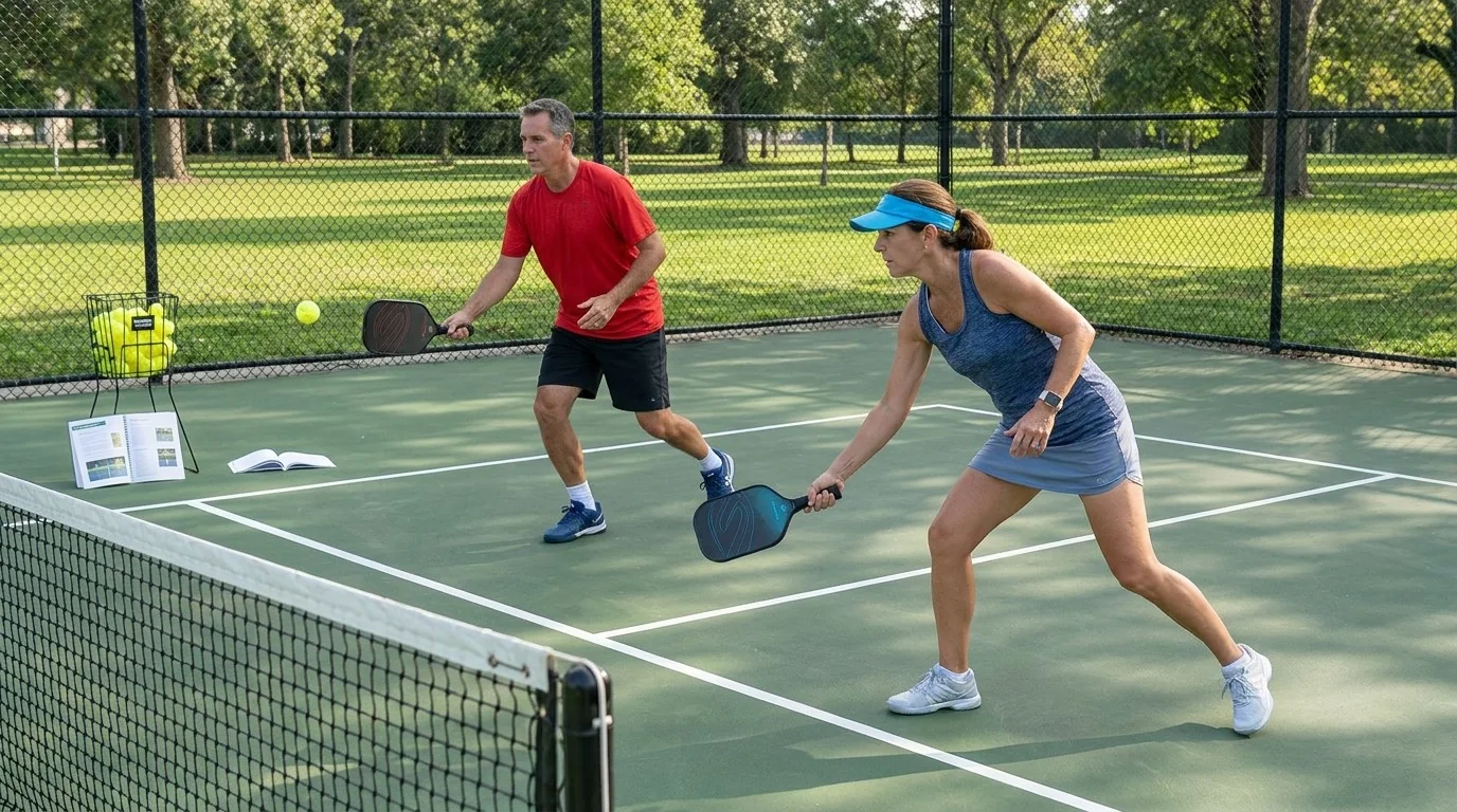 Pickleball players practising controlled slice returns and recovery steps