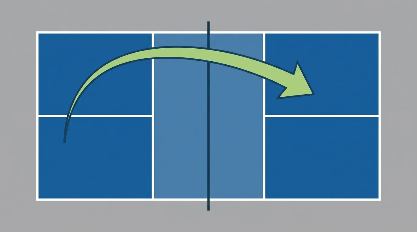 Overhead diagram showing a safe dink arc over the net and into the kitchen