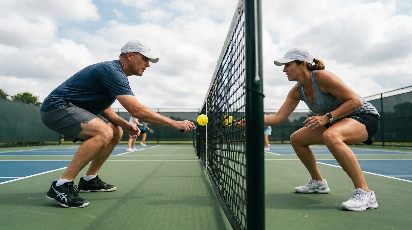 Two pickleball players practising controlled dinks over the net