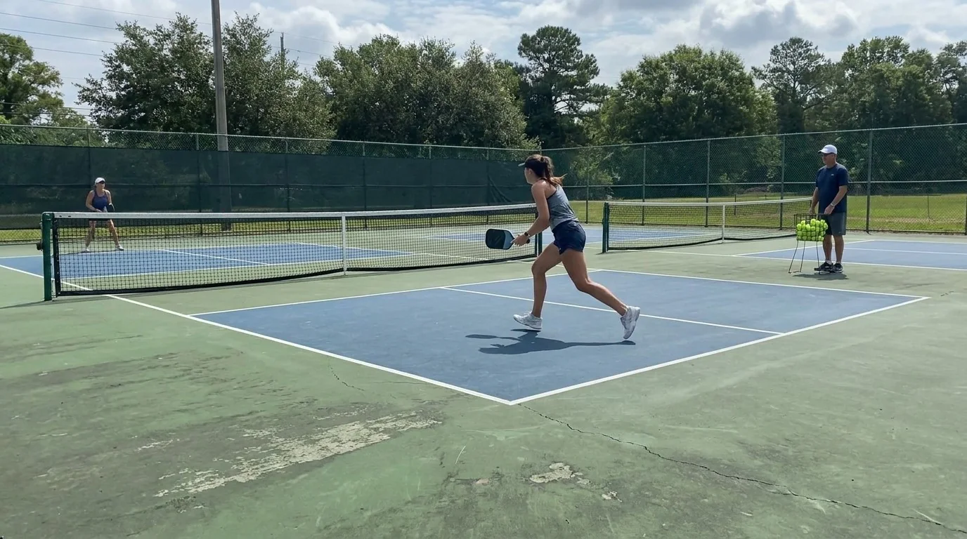 Returner moving forward after a deep pickleball return