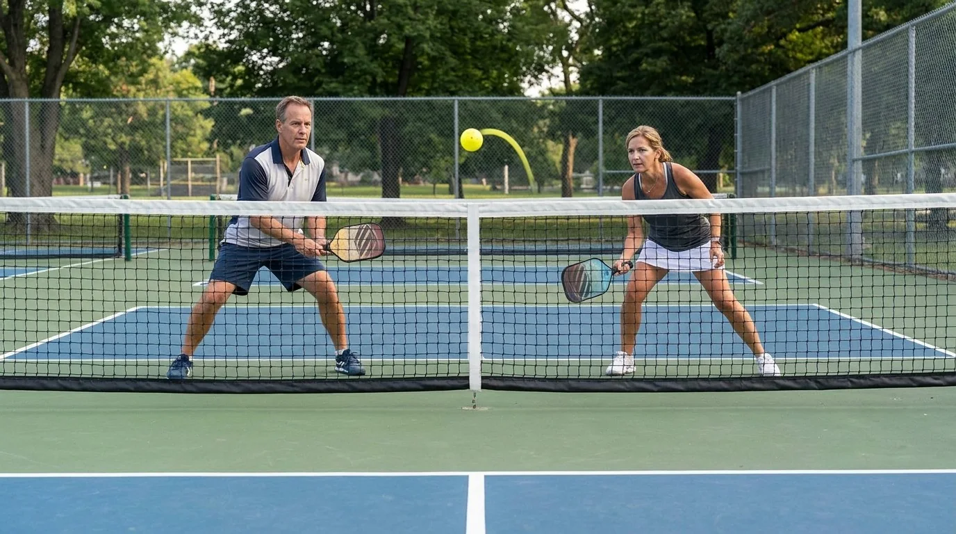Two pickleball players trading low dinks over the kitchen line