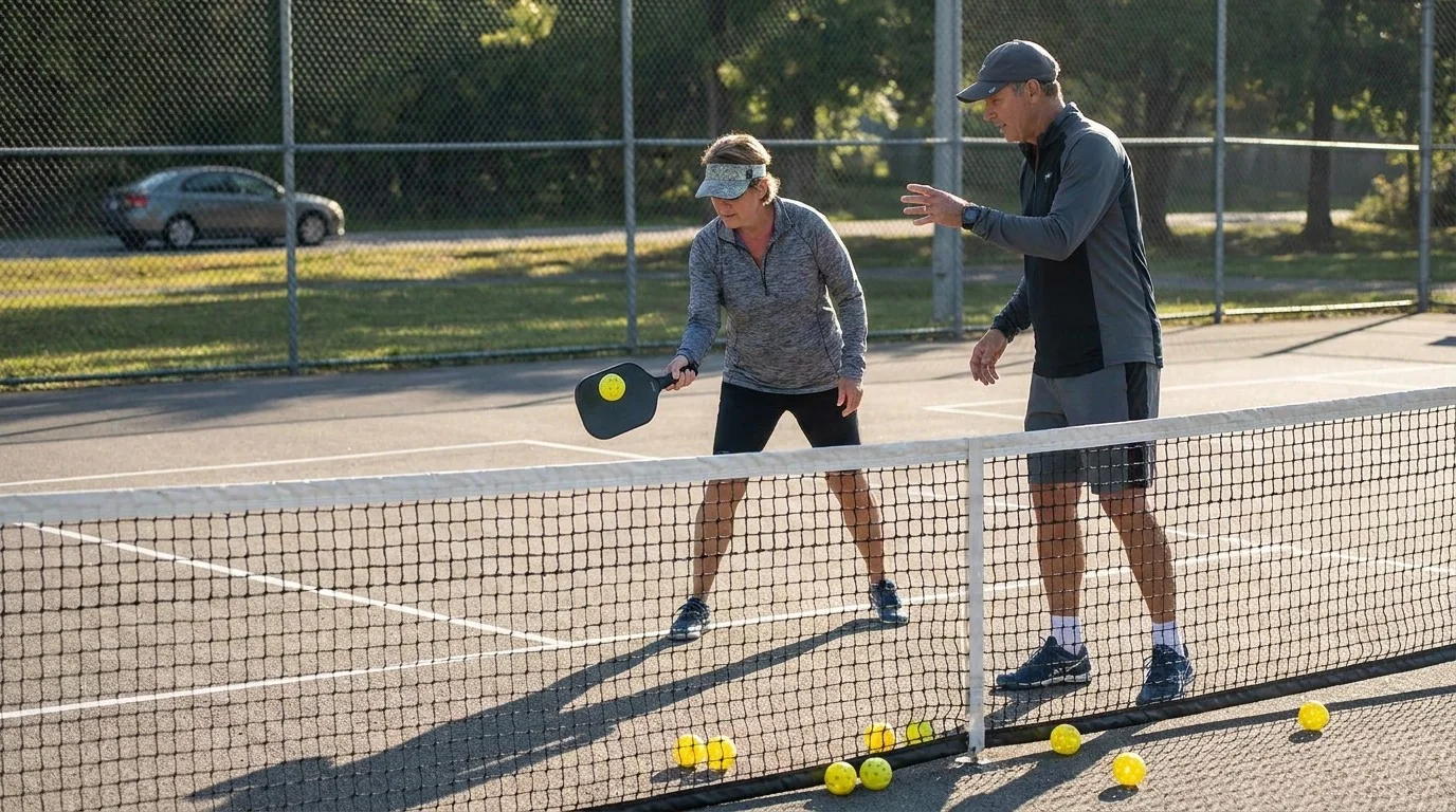 Pickleball player practising dink height with a coach beside the court