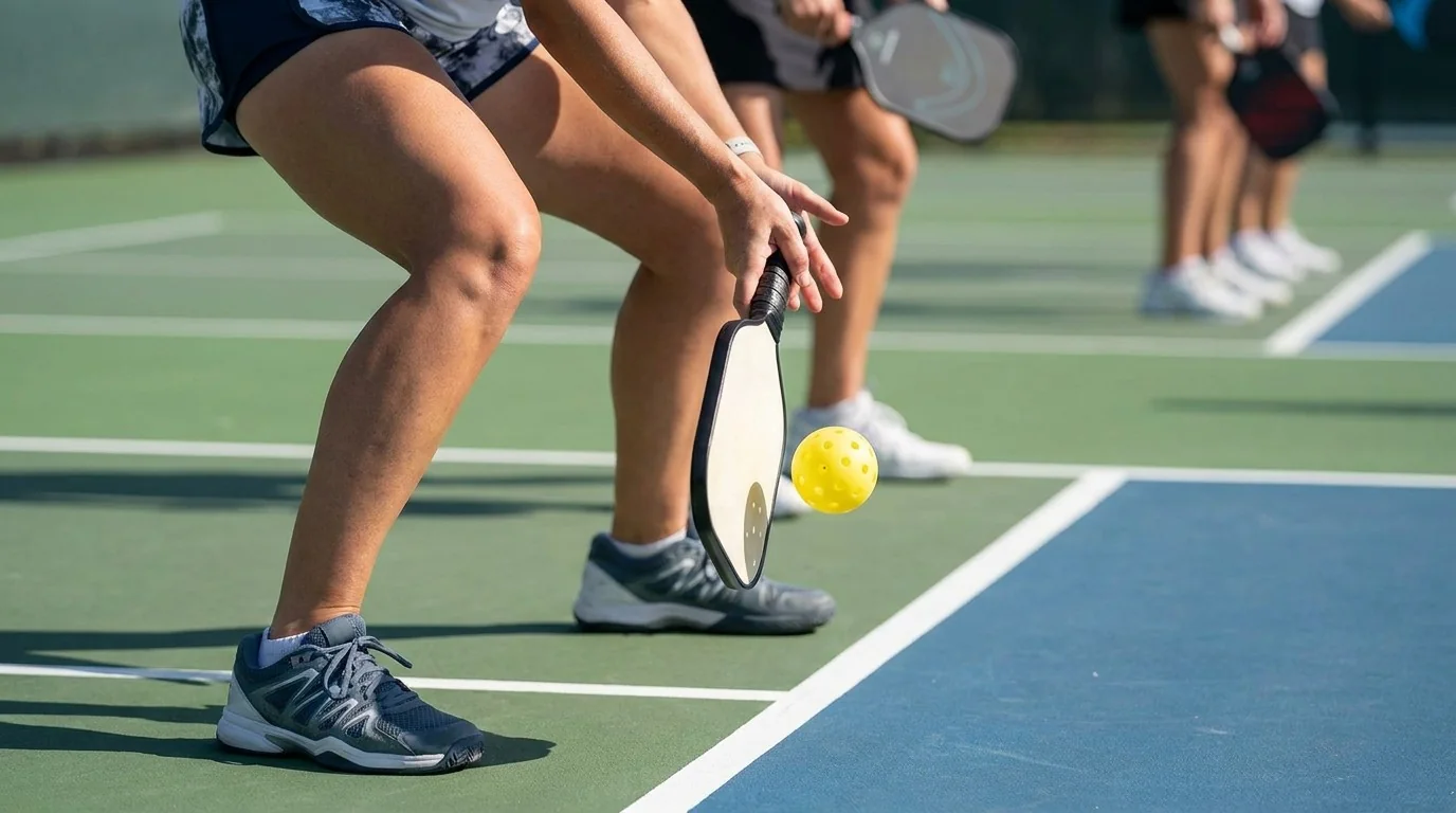 Pickleball backhand contact point with balanced spacing at the kitchen line