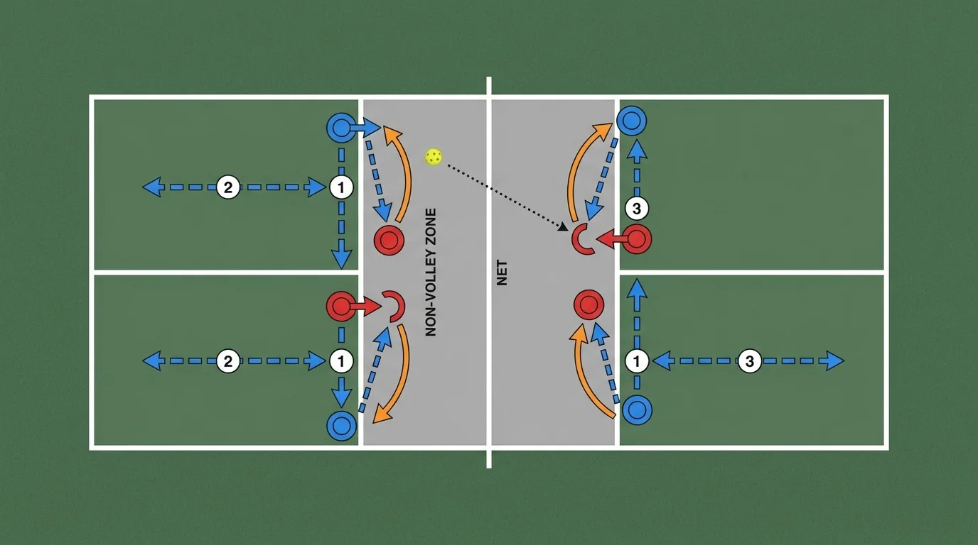 Overhead diagram of left and right movement lanes at the kitchen line