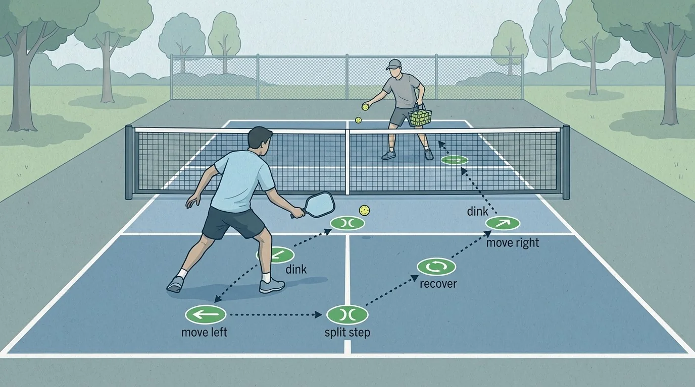 Partner-feed progression for a pickleball kitchen-line footwork drill