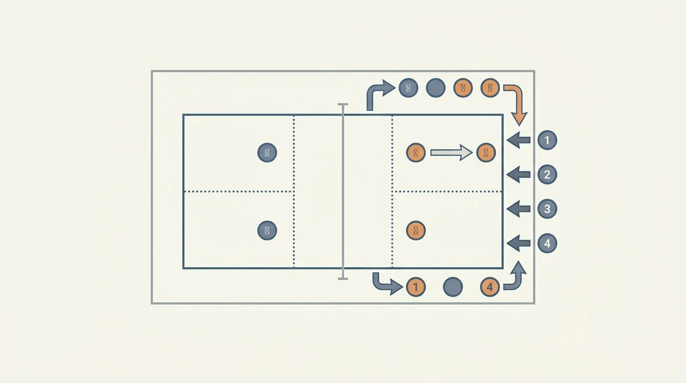 Overhead diagram showing a completed game handing the court to the next four waiting players