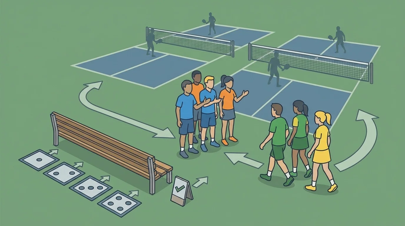 Illustration of a clear open-play queue and a polite court handoff