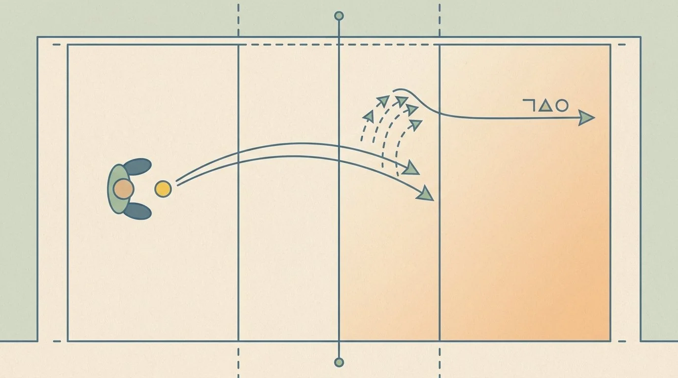 Pickleball third-shot-drop recovery path from transition to the kitchen