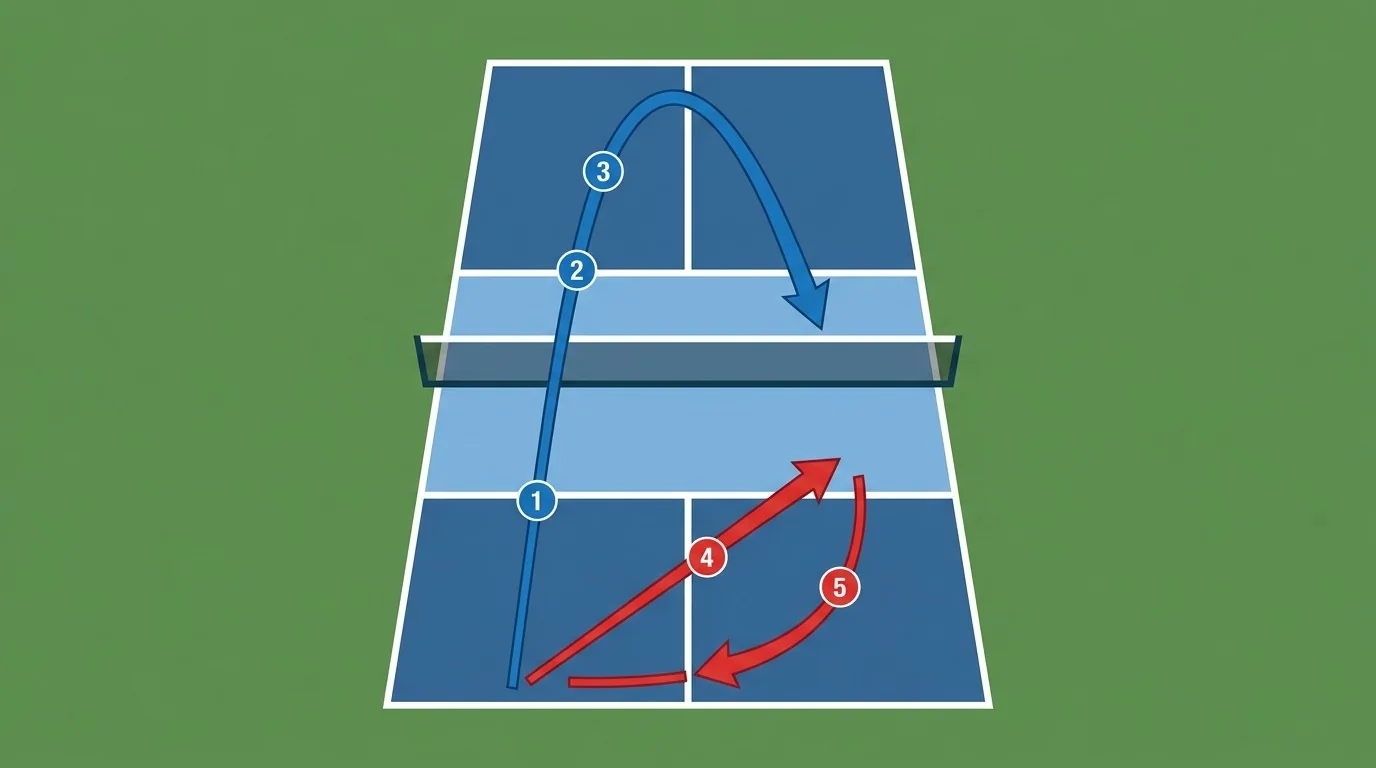 Overhead pickleball decision diagram showing when to advance or hold