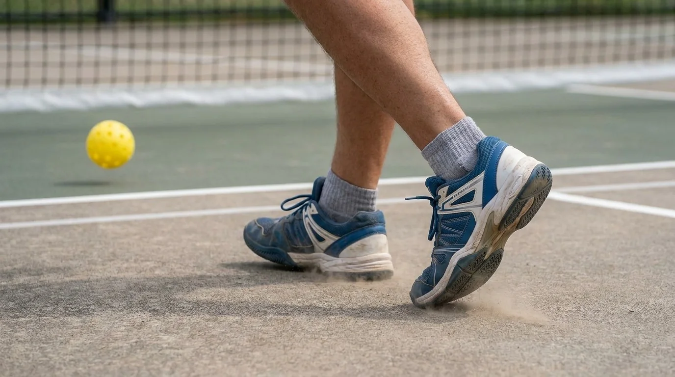 Pickleball footwork drill showing controlled braking in the transition zone